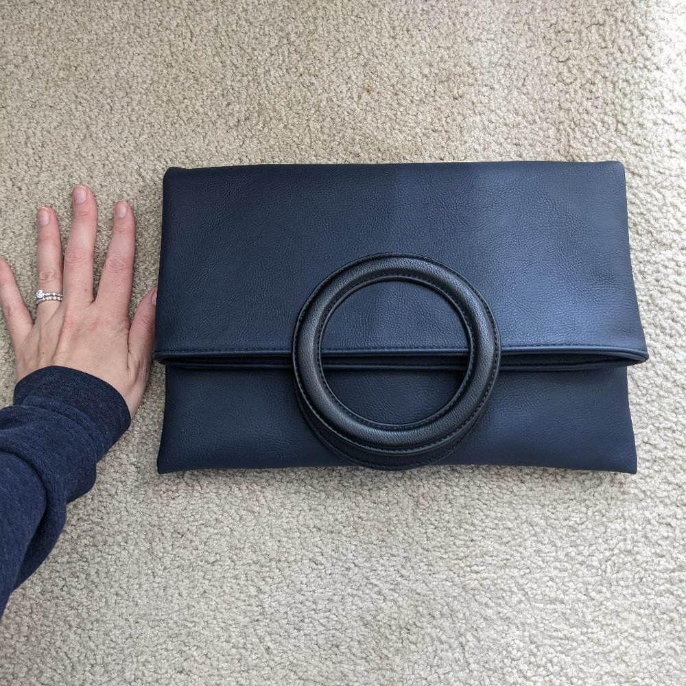 BRAND NEW large Anthropologie navy blue leather clutch purse w/ crossbody strap